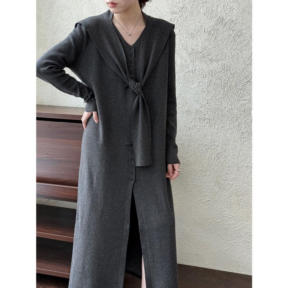 復古優雅 v領排扣針織洋裝+披肩 *3色 | kukuta-細節圖2