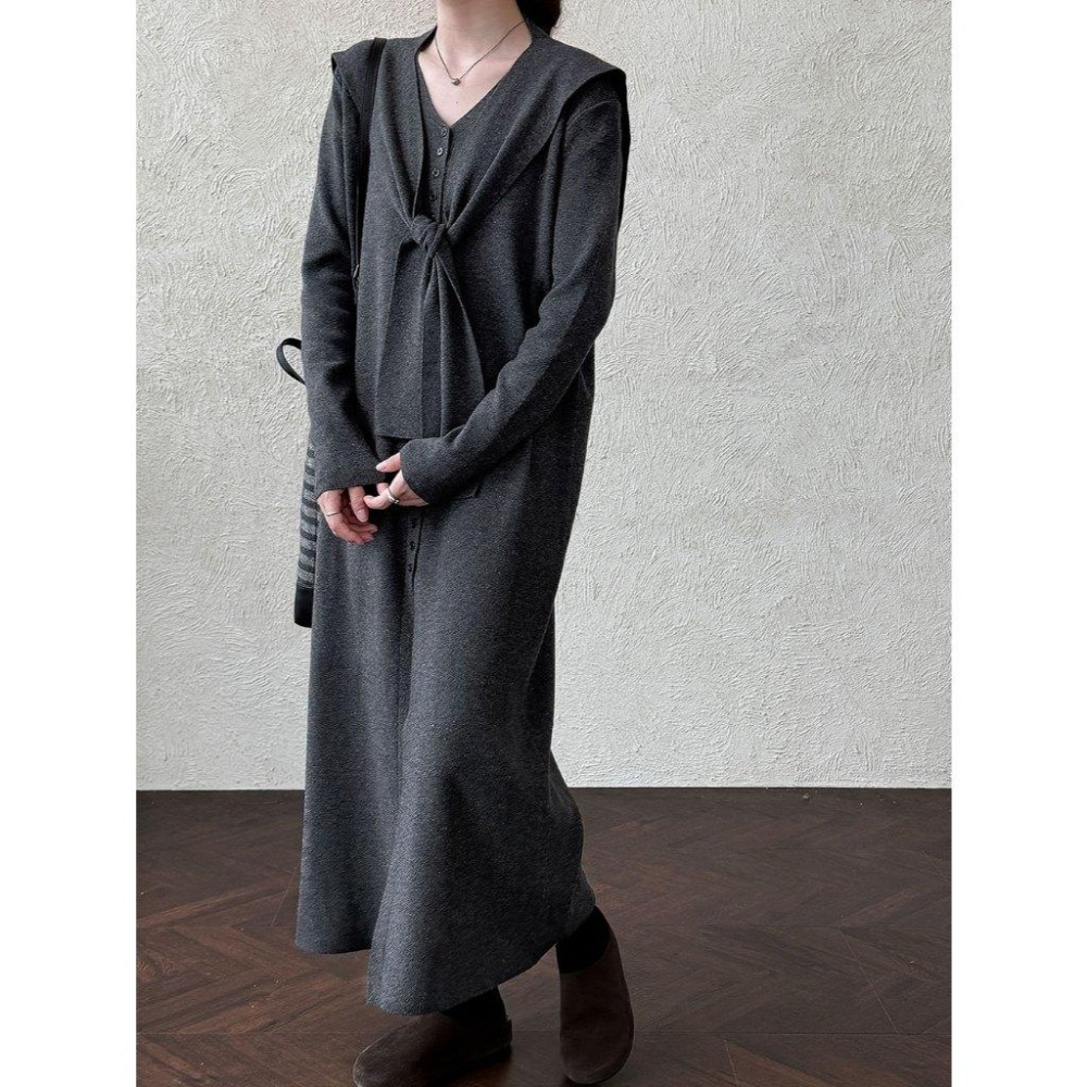 復古優雅 v領排扣針織洋裝+披肩 *3色 | kukuta-細節圖4