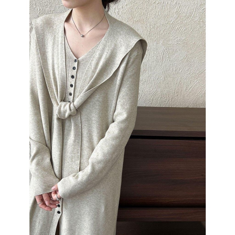 復古優雅 v領排扣針織洋裝+披肩 *3色 | kukuta-細節圖7