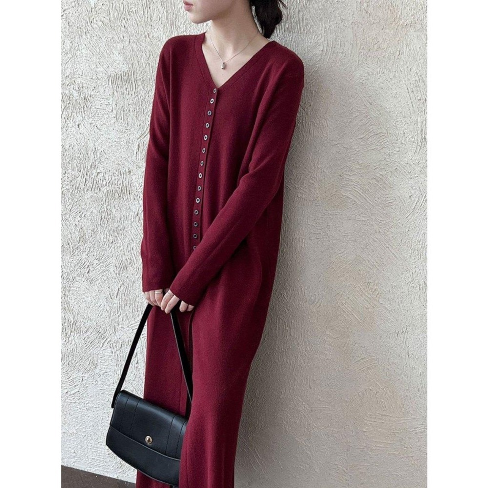 復古優雅 v領排扣針織洋裝+披肩 *3色 | kukuta-細節圖8