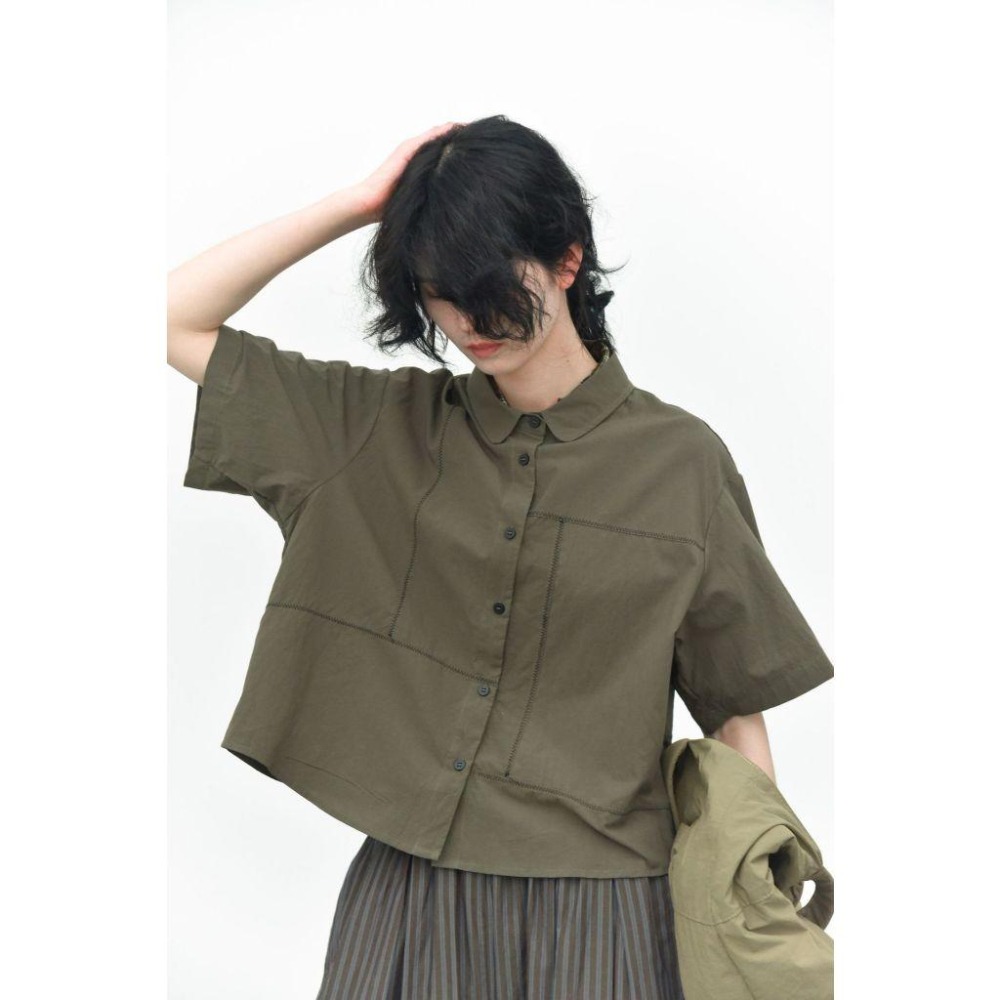 日系小眾 交錯線條細波浪簡約襯衫 短袖工裝上衣 *4色 | kukuta-細節圖7