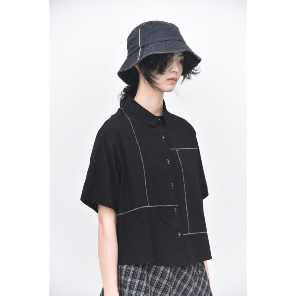 日系小眾 交錯線條細波浪簡約襯衫 短袖工裝上衣 *4色 | kukuta-細節圖9