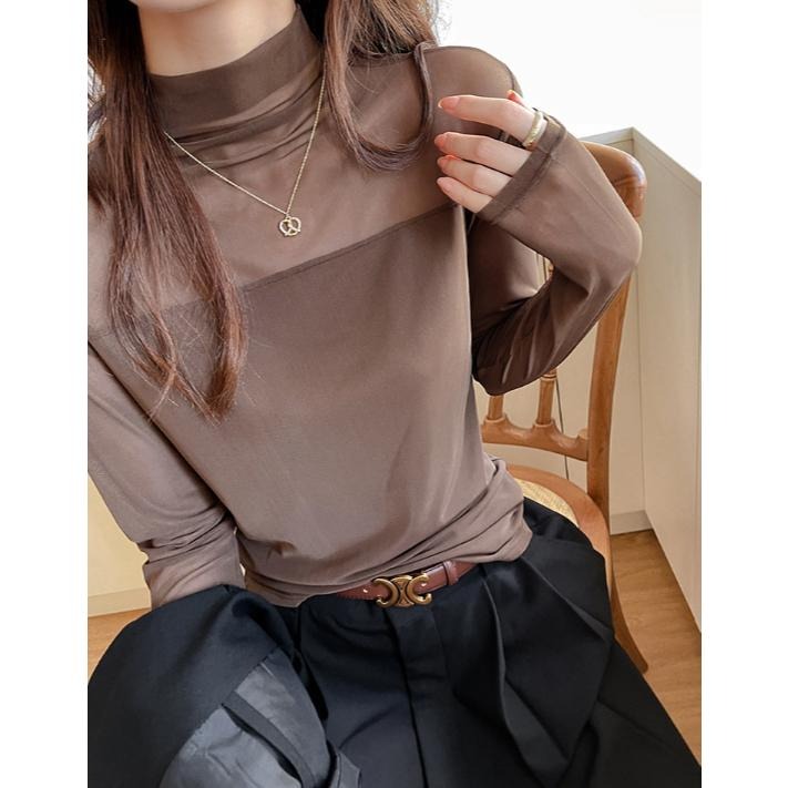 日常百搭 半高領網紗微透打底上衣 *3色 (S-XL) | kukuta-細節圖3