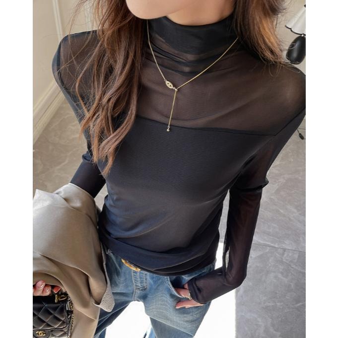 日常百搭 半高領網紗微透打底上衣 *3色 (S-XL) | kukuta-細節圖4