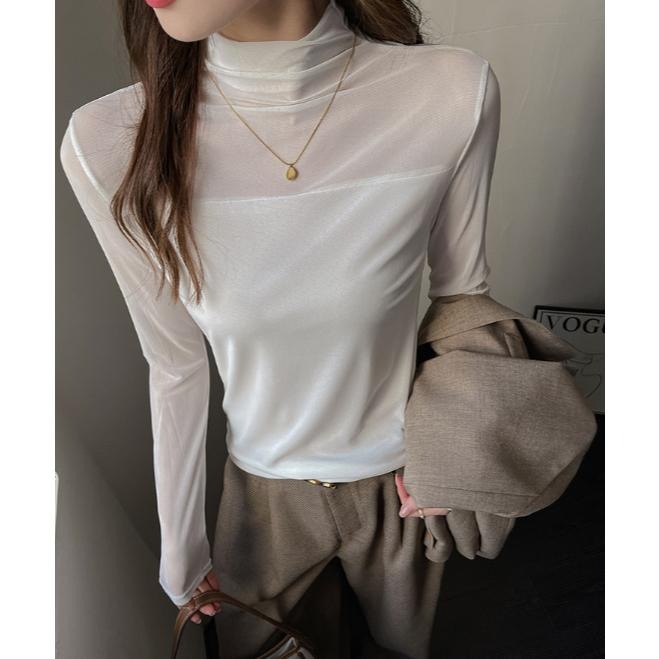 日常百搭 半高領網紗微透打底上衣 *3色 (S-XL) | kukuta-細節圖7