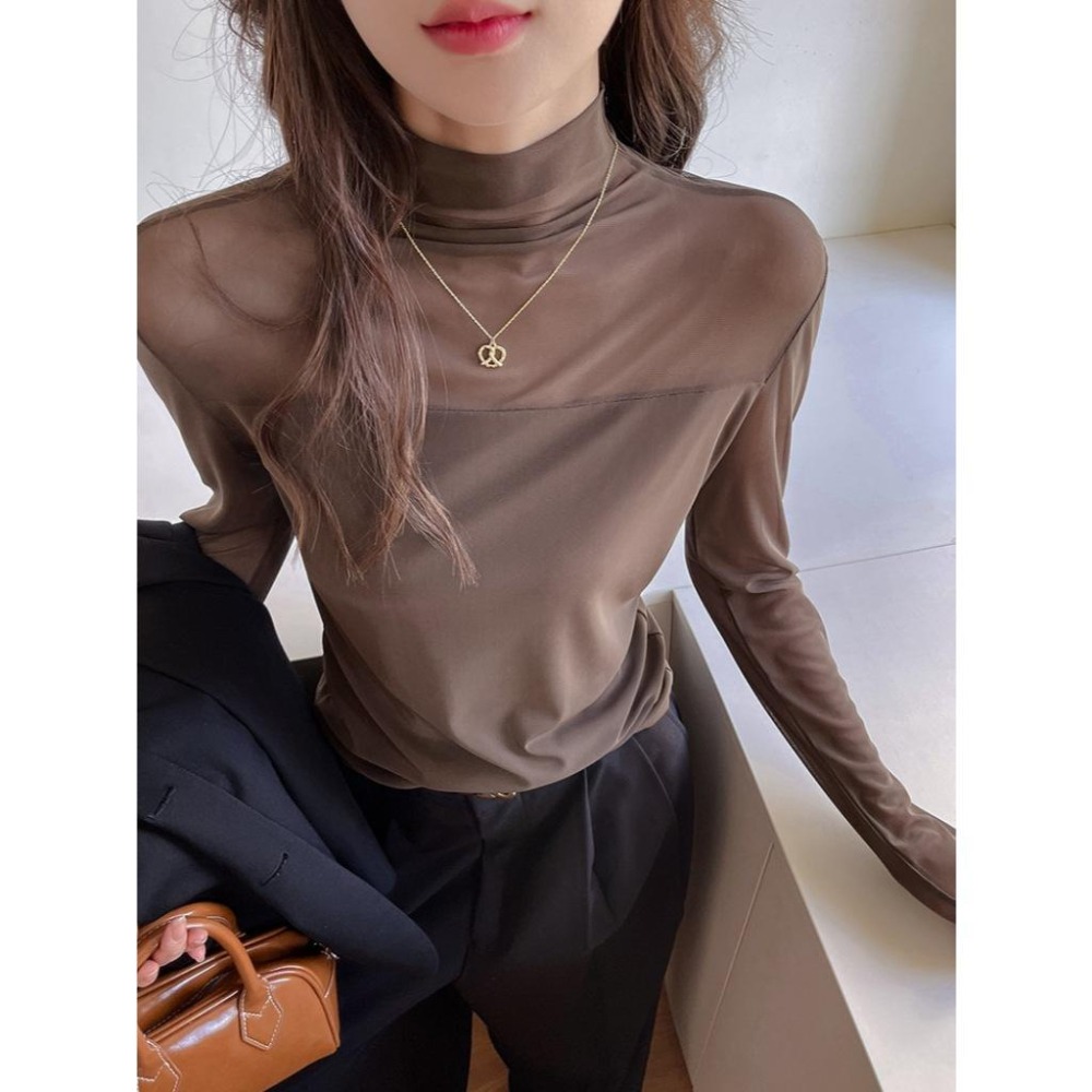 日常百搭 半高領網紗微透打底上衣 *3色 (S-XL) | kukuta-細節圖8