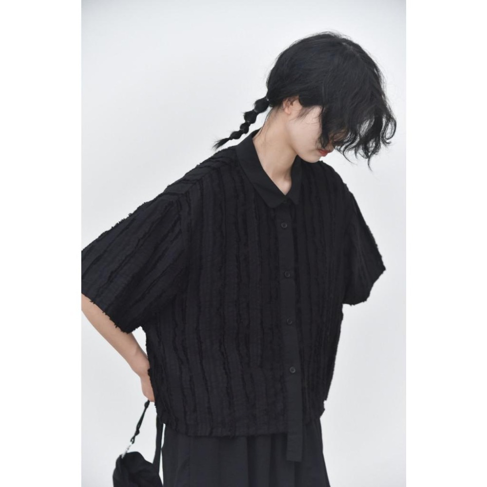 肌理感拼接門襟小眾設計短袖襯衫 *3色 | kukuta-細節圖2