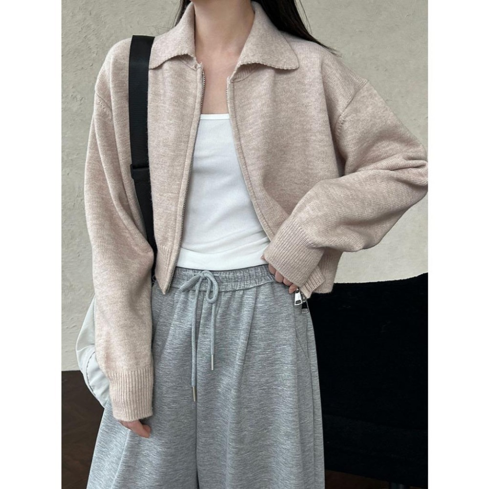 現+預 短版雙拉鏈針織外套 Polo翻領毛衣外套 *4色 | kukuta-細節圖2