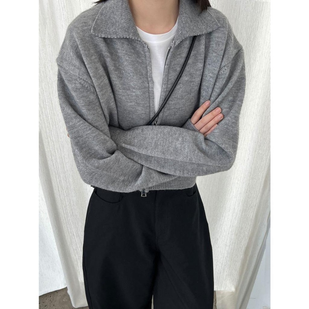 現+預 短版雙拉鏈針織外套 Polo翻領毛衣外套 *4色 | kukuta-細節圖3