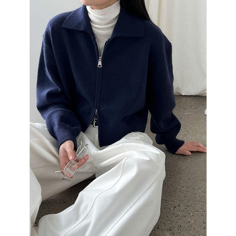 現+預 短版雙拉鏈針織外套 Polo翻領毛衣外套 *4色 | kukuta-細節圖5