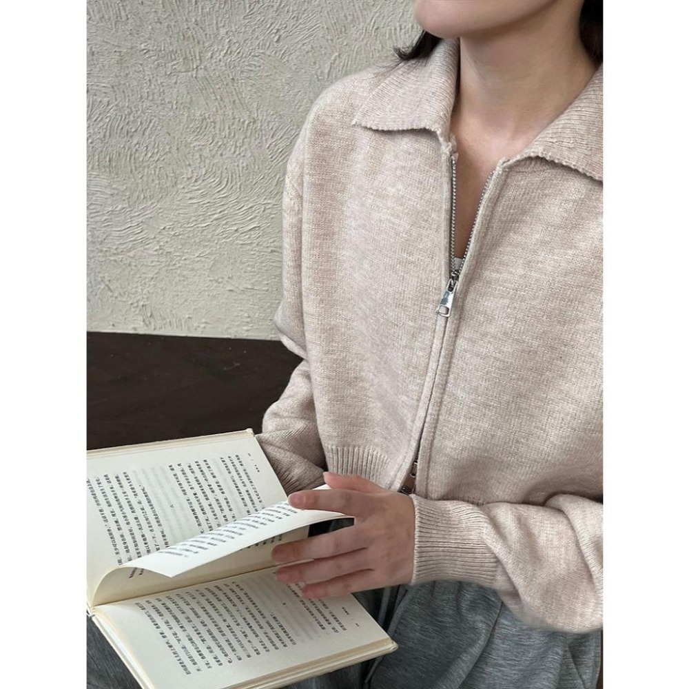 現+預 短版雙拉鏈針織外套 Polo翻領毛衣外套 *4色 | kukuta-細節圖6