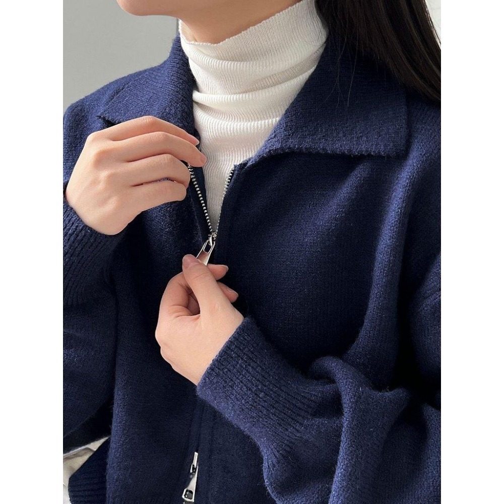 現+預 短版雙拉鏈針織外套 Polo翻領毛衣外套 *4色 | kukuta-細節圖9