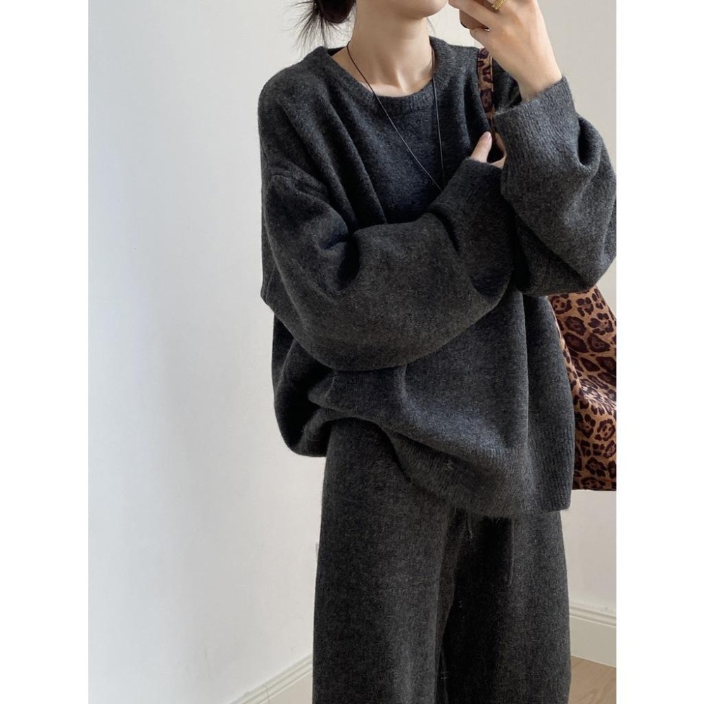 韓系休閒 寬鬆圓領毛衣+針織長褲套裝 *2色 | kukuta-細節圖7