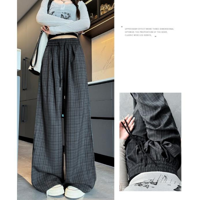 復古格子山本褲 鬆緊腰長褲 格紋慵懶高腰休閒褲 (S-XL) | kukuta-細節圖2