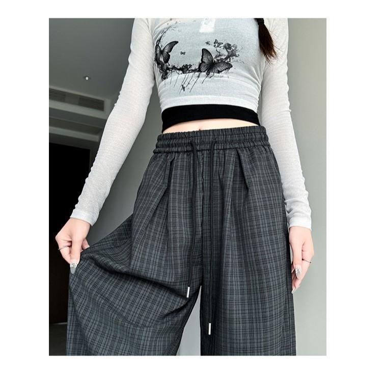 復古格子山本褲 鬆緊腰長褲 格紋慵懶高腰休閒褲 (S-XL) | kukuta-細節圖4