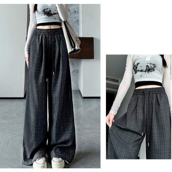 復古格子山本褲 鬆緊腰長褲 格紋慵懶高腰休閒褲 (S-XL) | kukuta-細節圖5
