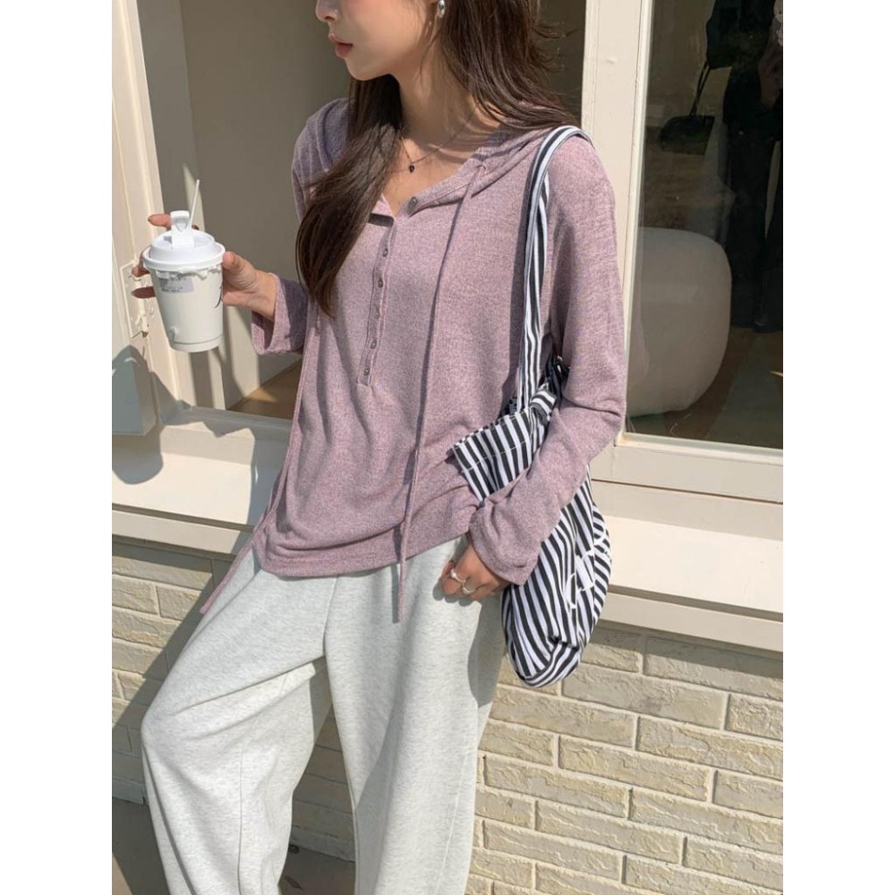 日常休閒 抽繩排釦連帽T恤上衣 *3色 | kukuta-細節圖3
