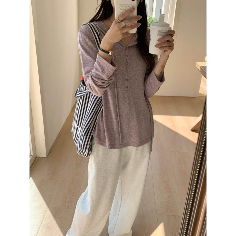 日常休閒 抽繩排釦連帽T恤上衣 *3色 | kukuta-細節圖6