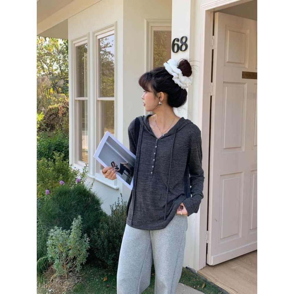 日常休閒 抽繩排釦連帽T恤上衣 *3色 | kukuta-細節圖7