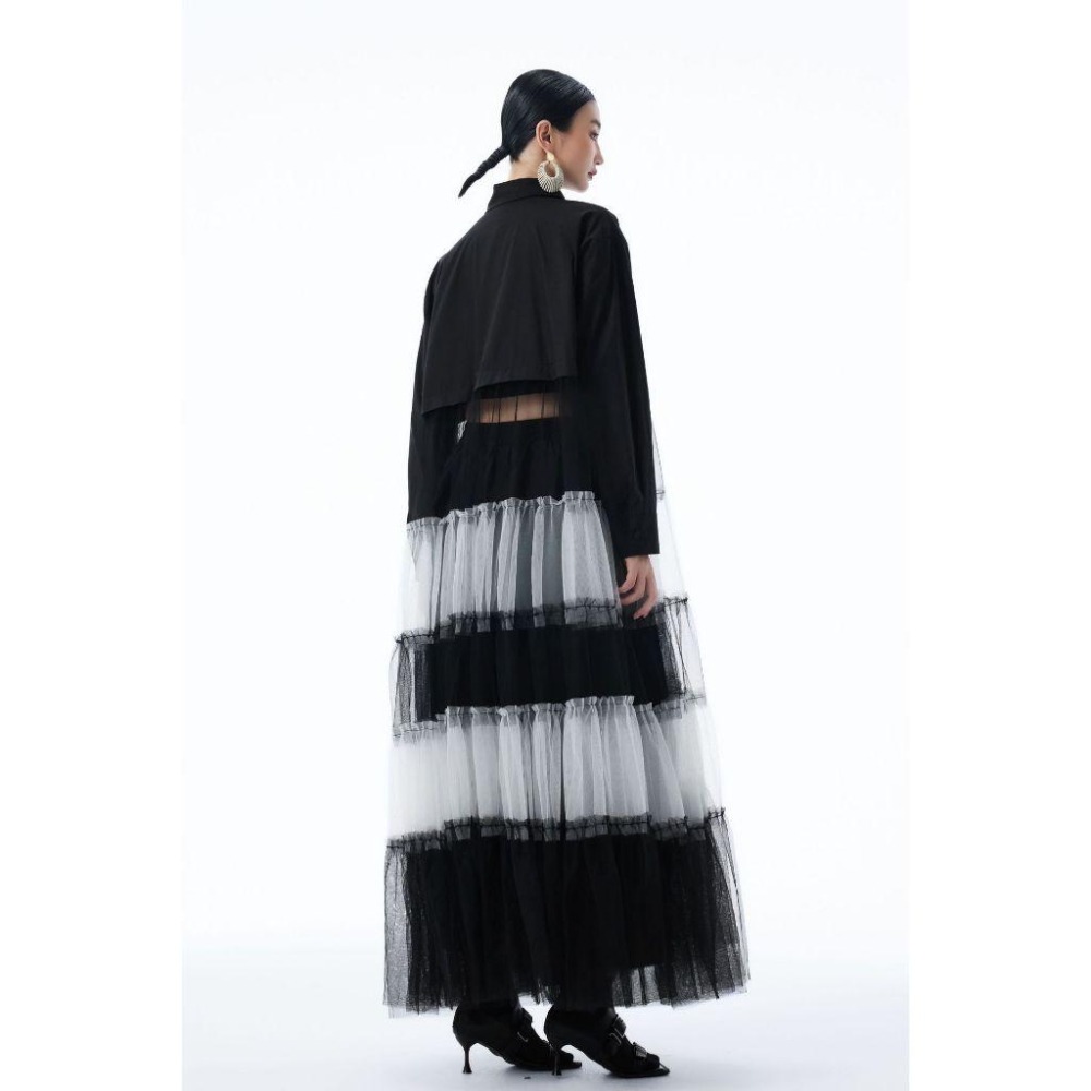 日系拼接撞色網紗裙 小眾設計感洋裝 連身裙 長裙 *2色 | kukuta-細節圖3