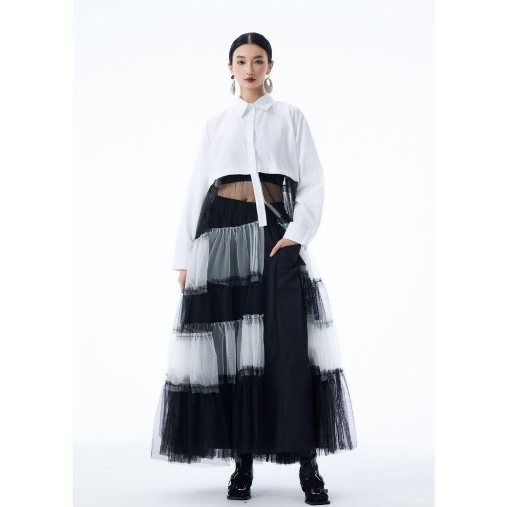 日系拼接撞色網紗裙 小眾設計感洋裝 連身裙 長裙 *2色 | kukuta-細節圖4