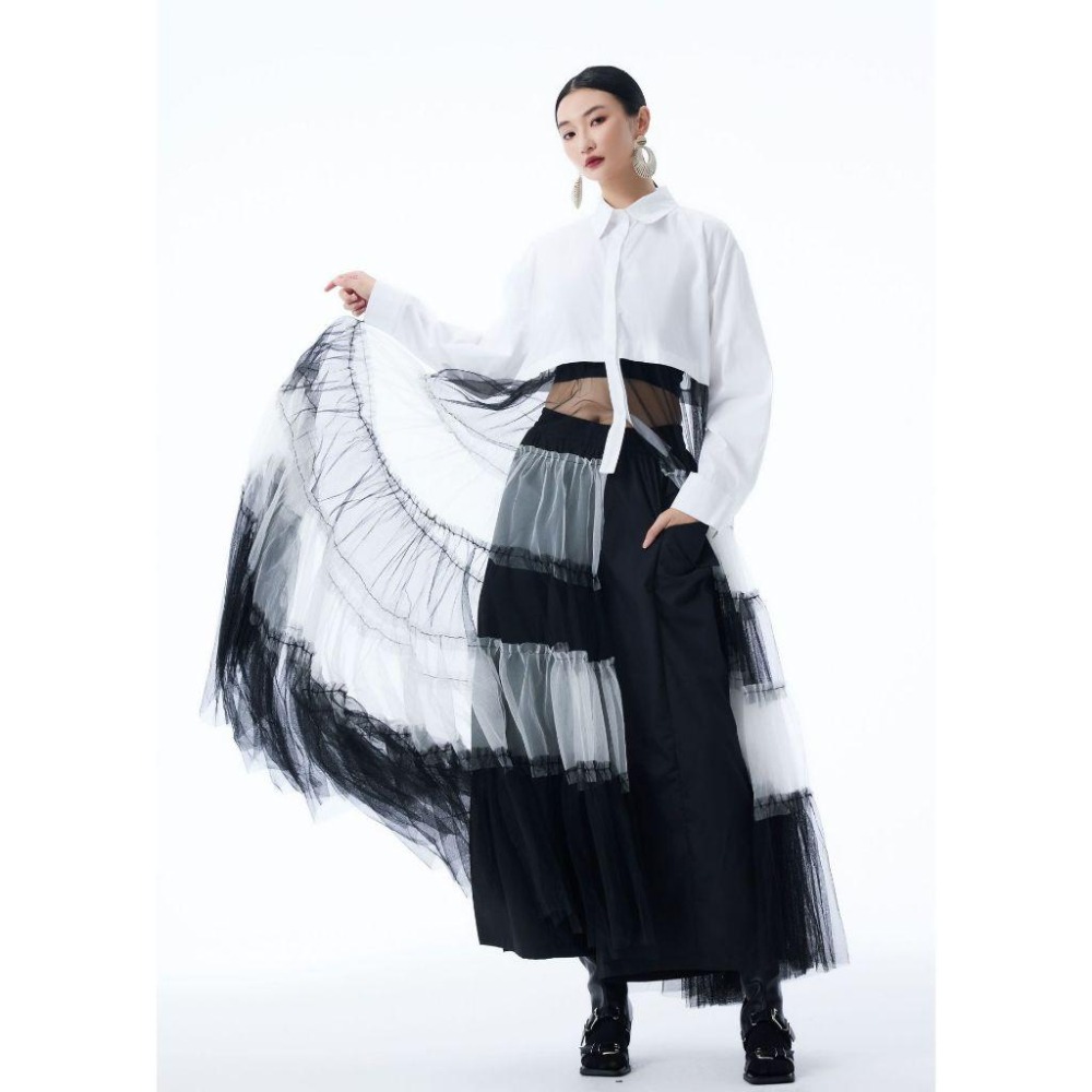 日系拼接撞色網紗裙 小眾設計感洋裝 連身裙 長裙 *2色 | kukuta-細節圖6