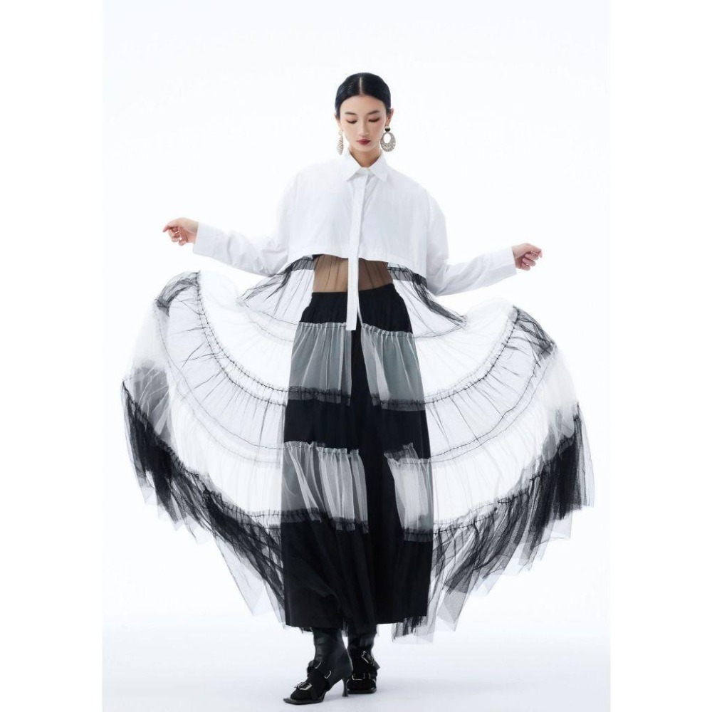 日系拼接撞色網紗裙 小眾設計感洋裝 連身裙 長裙 *2色 | kukuta-細節圖8