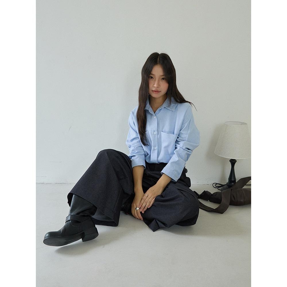 簡約百搭 藍色弧形口袋長袖襯衫 *2色 | kukuta-細節圖2