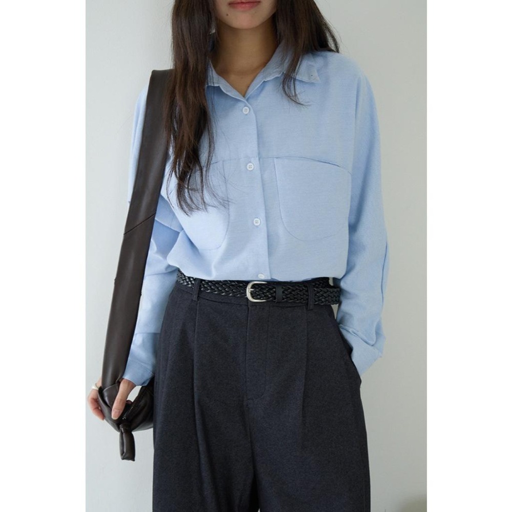 簡約百搭 藍色弧形口袋長袖襯衫 *2色 | kukuta-細節圖4