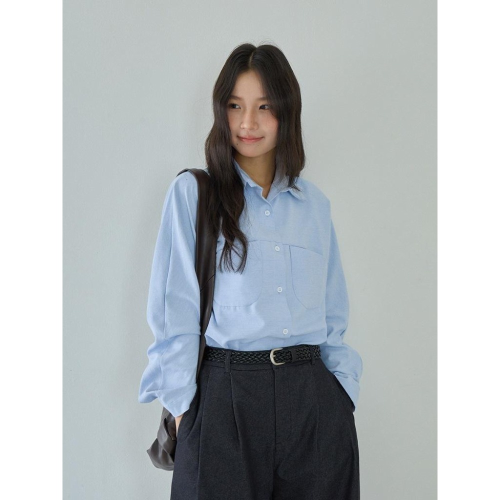 簡約百搭 藍色弧形口袋長袖襯衫 *2色 | kukuta-細節圖6
