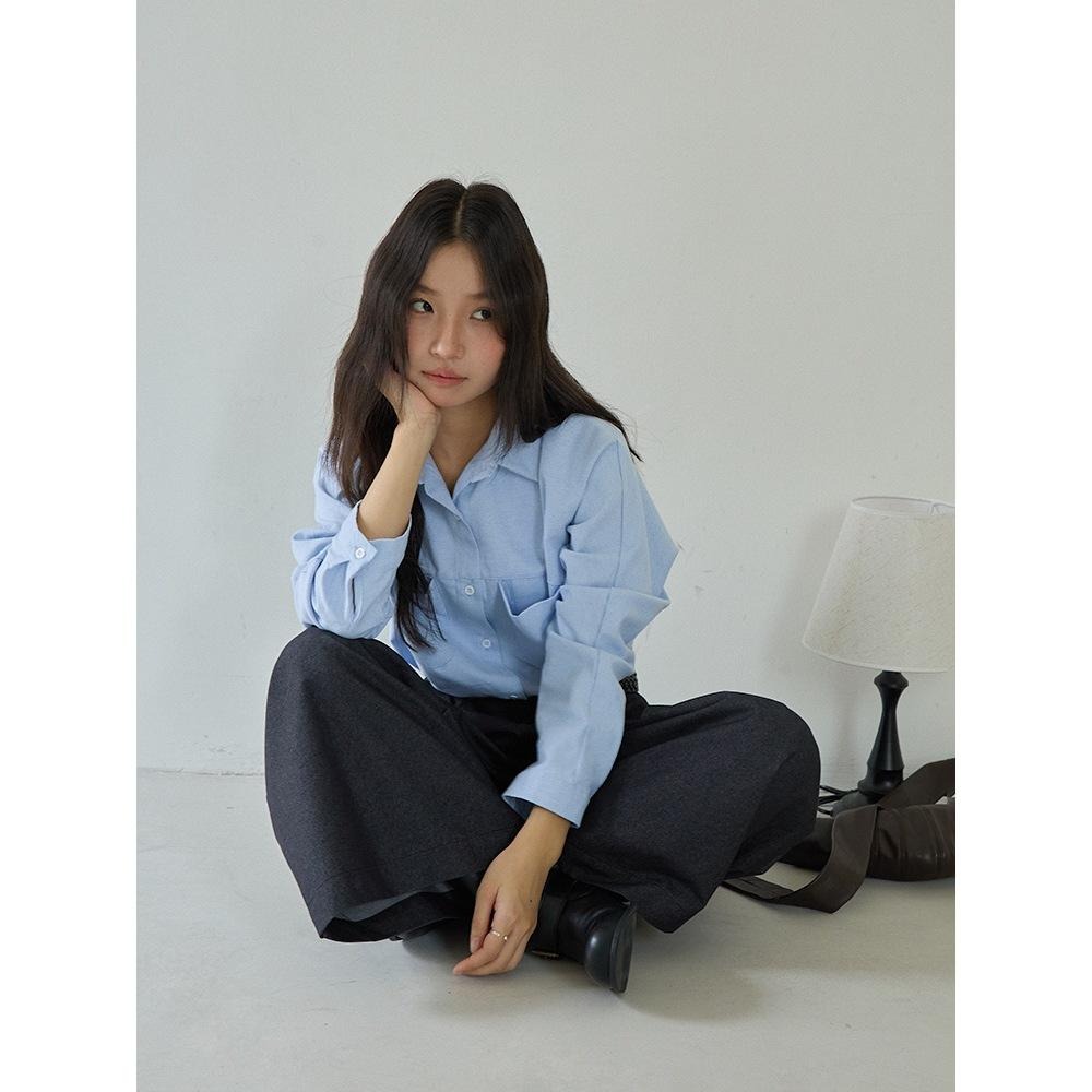 簡約百搭 藍色弧形口袋長袖襯衫 *2色 | kukuta-細節圖7