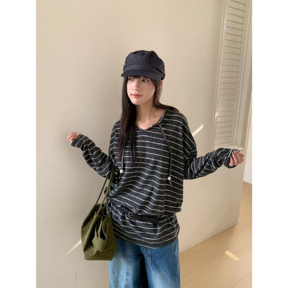 毛絨感條紋連帽衛衣 磨毛長袖上衣 *2色 | kukuta-細節圖2