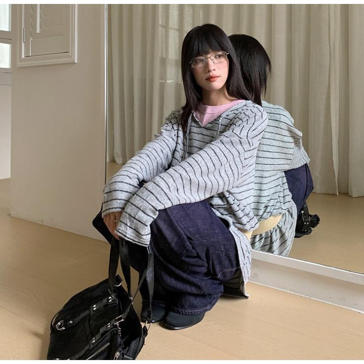 毛絨感條紋連帽衛衣 磨毛長袖上衣 *2色 | kukuta-細節圖3