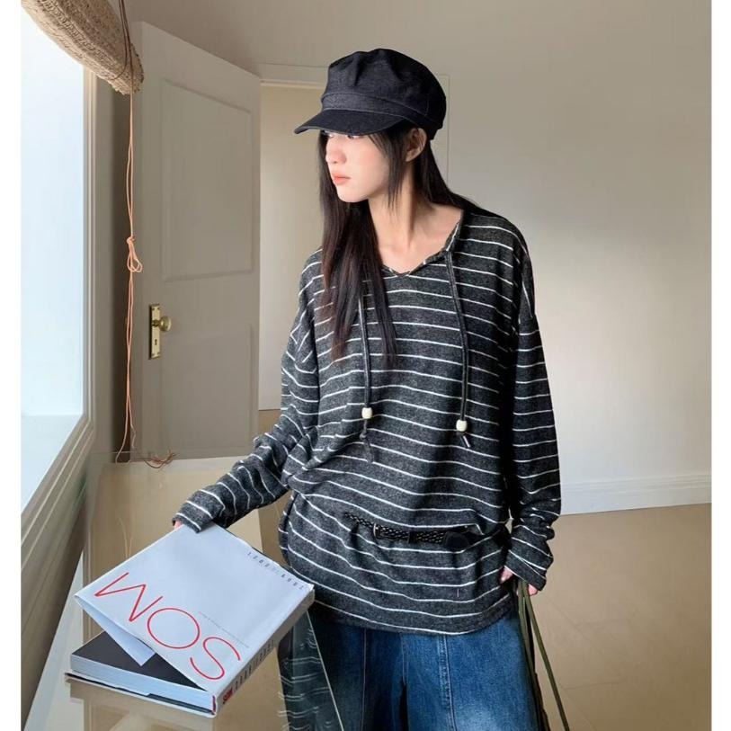 毛絨感條紋連帽衛衣 磨毛長袖上衣 *2色 | kukuta-細節圖4