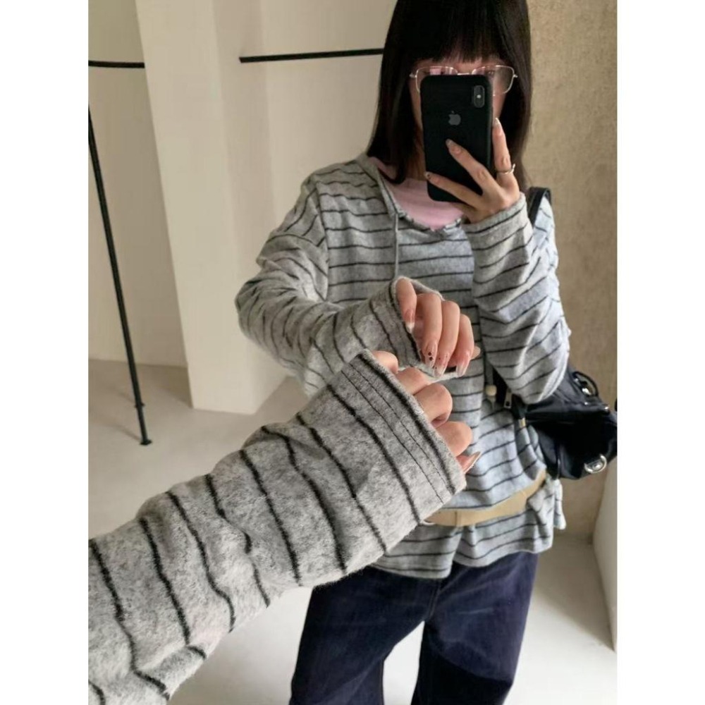 毛絨感條紋連帽衛衣 磨毛長袖上衣 *2色 | kukuta-細節圖5