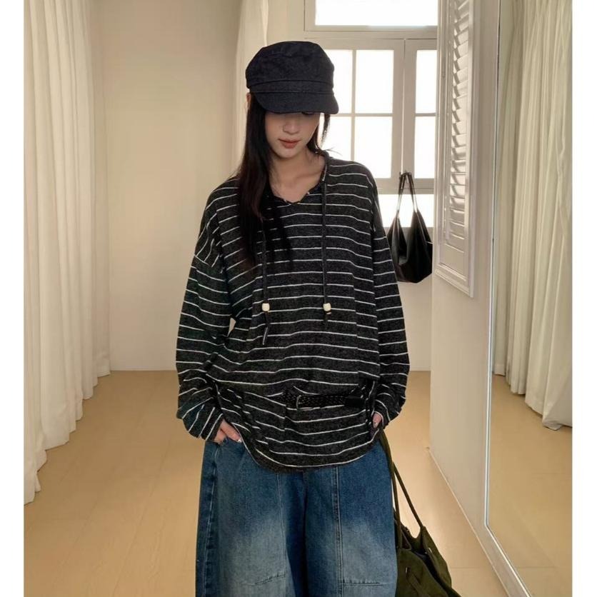 毛絨感條紋連帽衛衣 磨毛長袖上衣 *2色 | kukuta-細節圖6