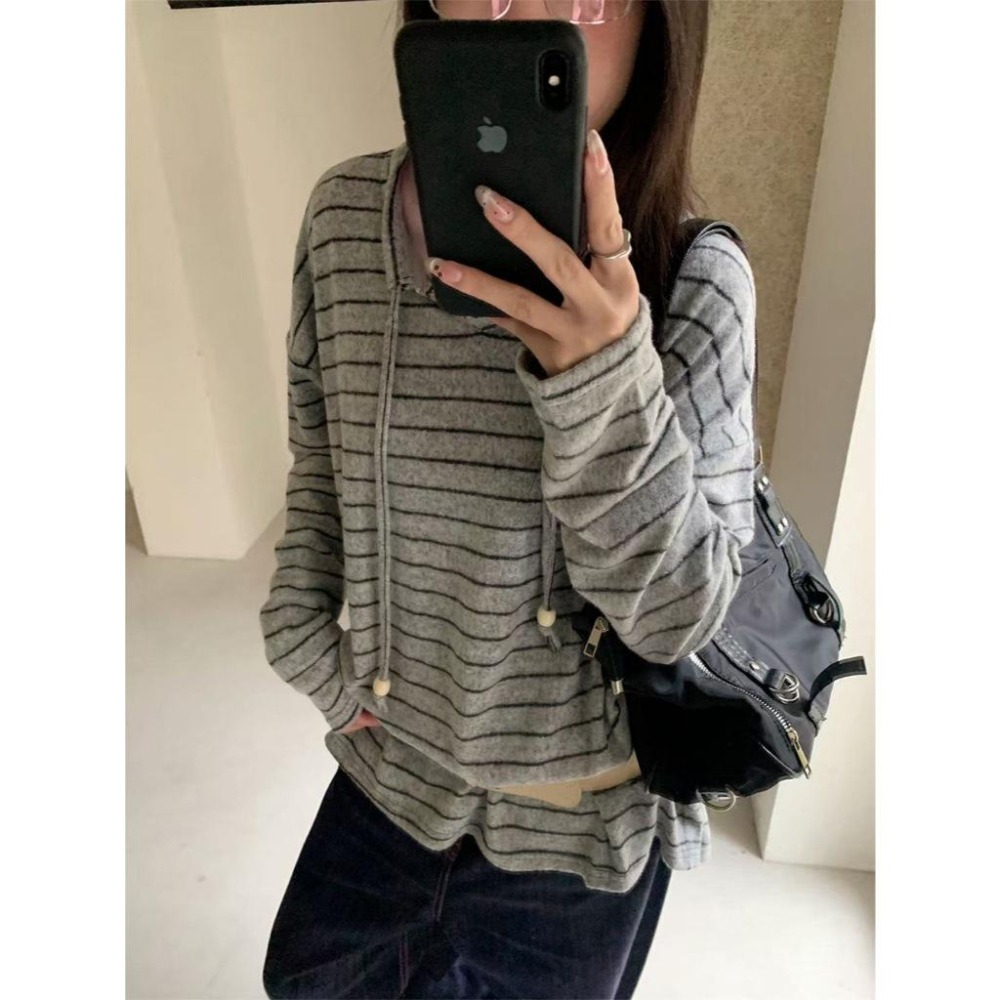 毛絨感條紋連帽衛衣 磨毛長袖上衣 *2色 | kukuta-細節圖7