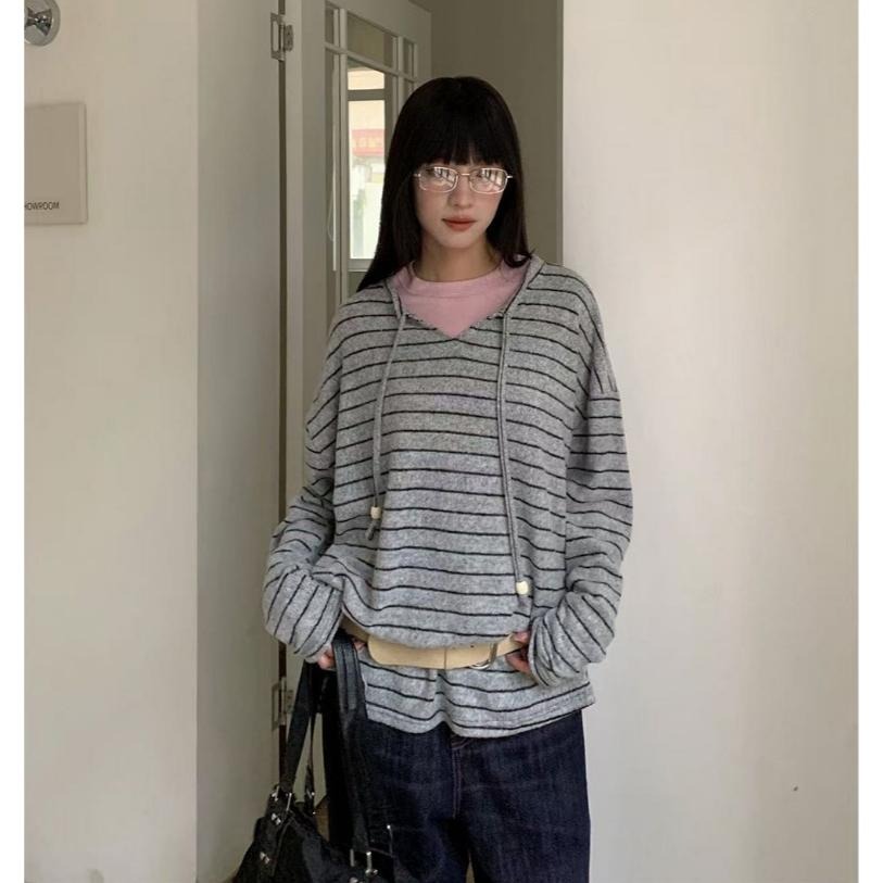 毛絨感條紋連帽衛衣 磨毛長袖上衣 *2色 | kukuta-細節圖9
