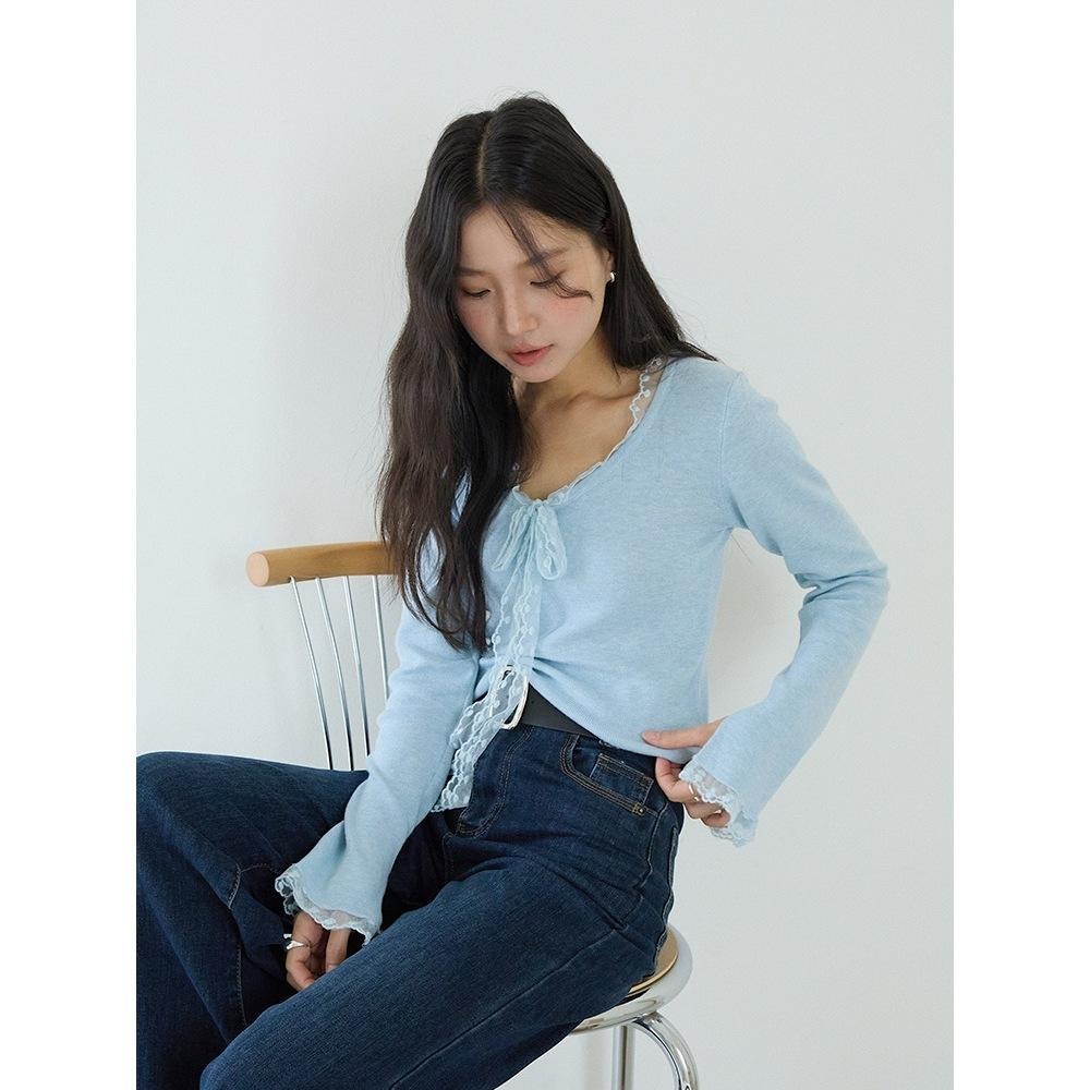 修身顯瘦 5%羊毛 蕾絲綁帶針織衫 彈力長袖打底上衣 *2色 | kukuta-細節圖2