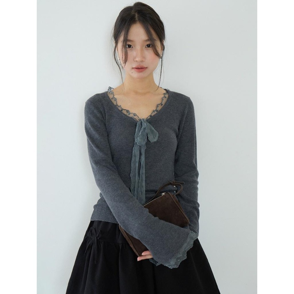 修身顯瘦 5%羊毛 蕾絲綁帶針織衫 彈力長袖打底上衣 *2色 | kukuta-細節圖3