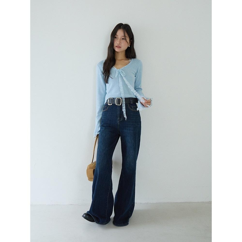 修身顯瘦 5%羊毛 蕾絲綁帶針織衫 彈力長袖打底上衣 *2色 | kukuta-細節圖4