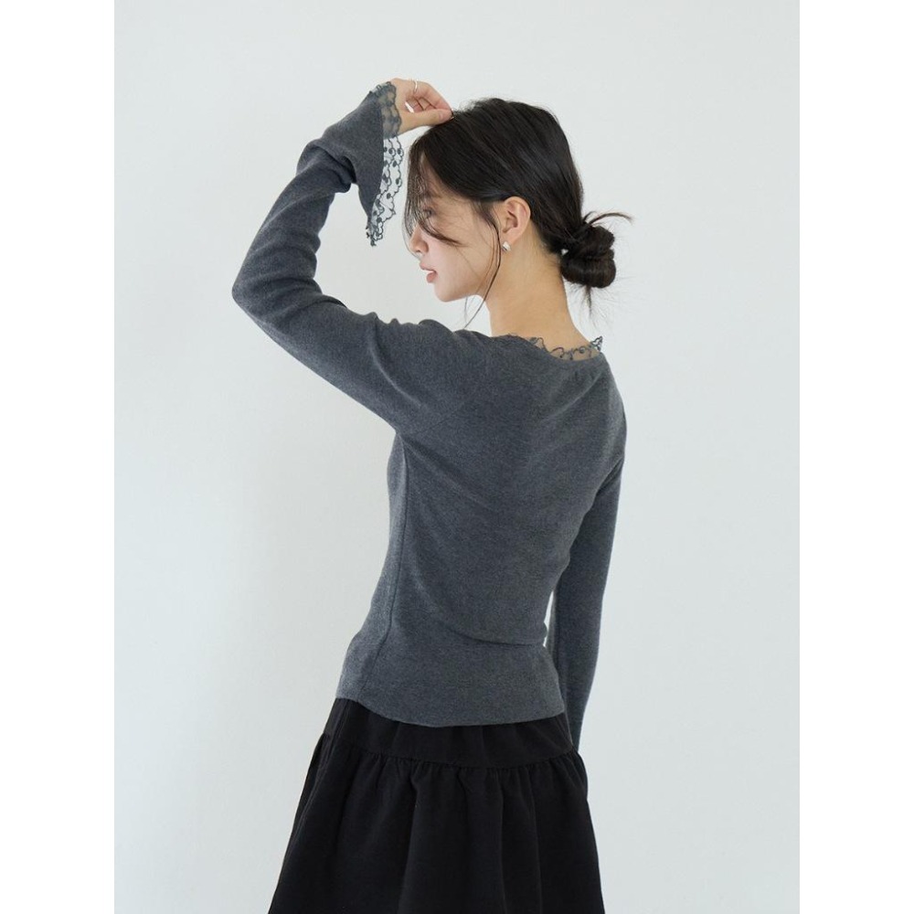 修身顯瘦 5%羊毛 蕾絲綁帶針織衫 彈力長袖打底上衣 *2色 | kukuta-細節圖5