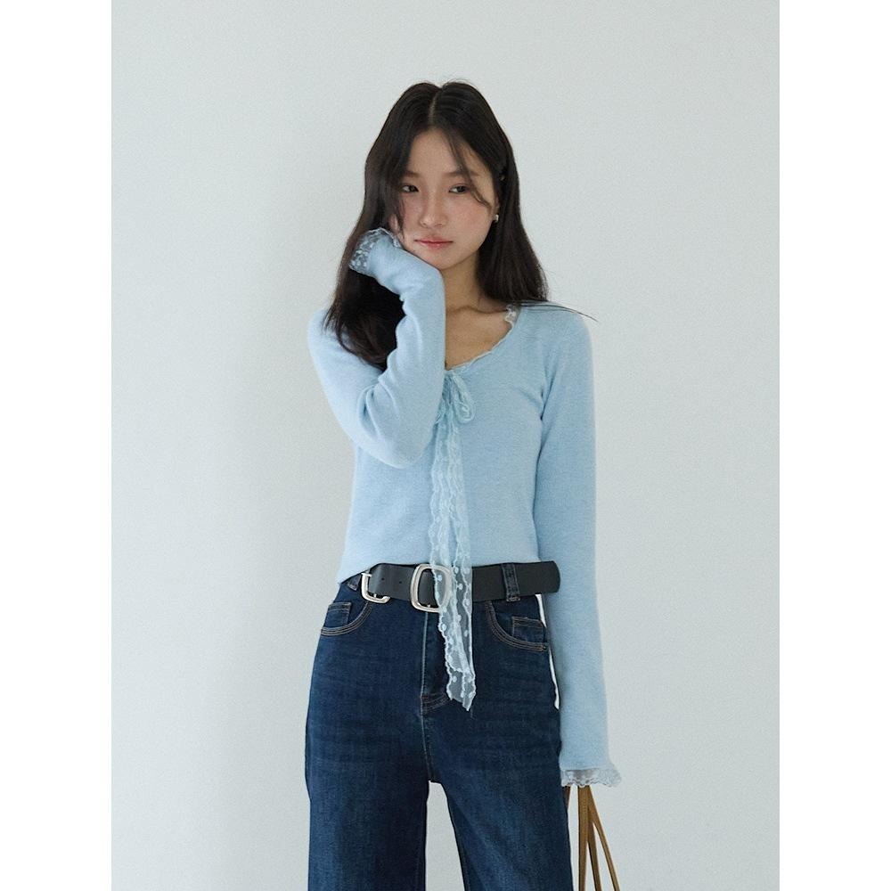 修身顯瘦 5%羊毛 蕾絲綁帶針織衫 彈力長袖打底上衣 *2色 | kukuta-細節圖6