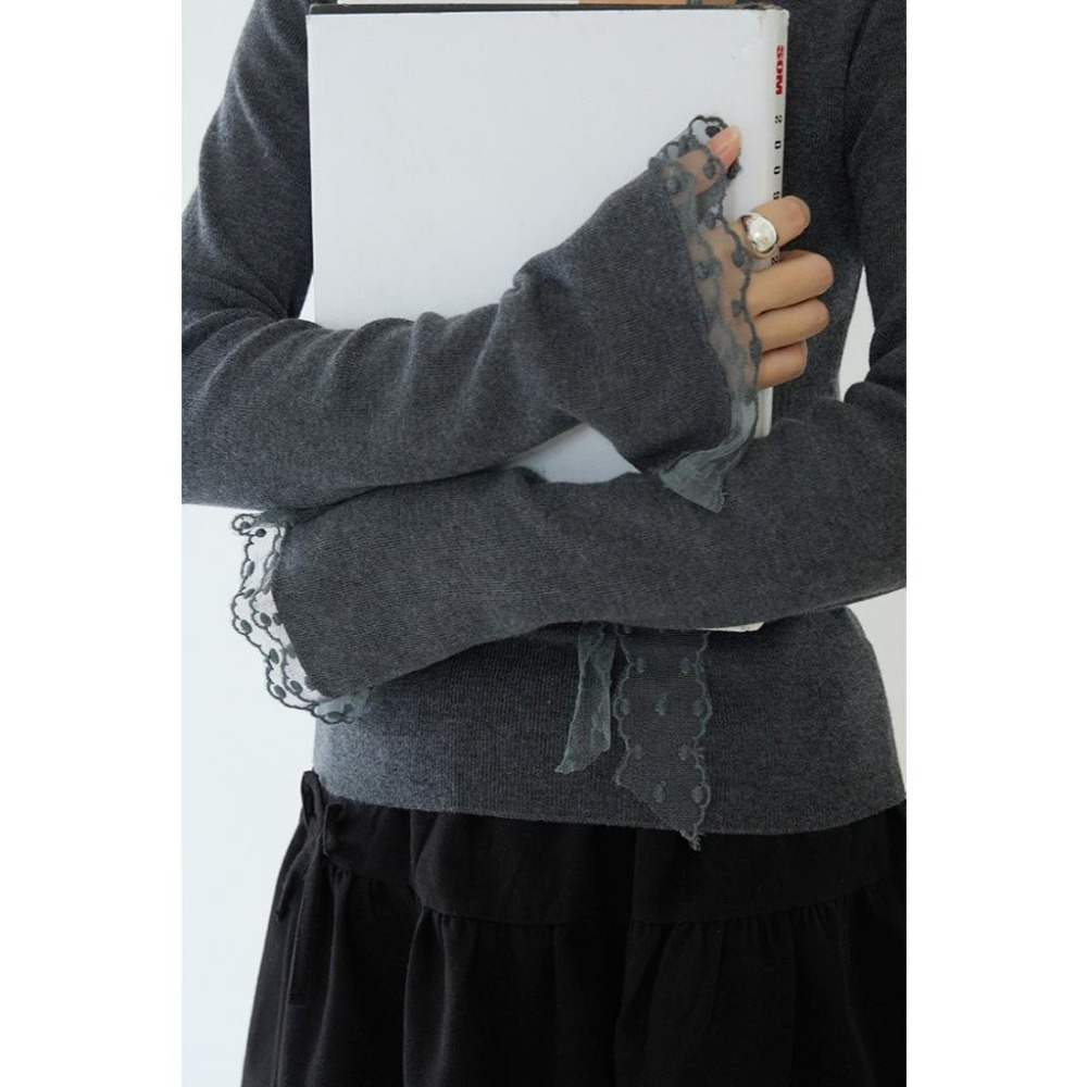 修身顯瘦 5%羊毛 蕾絲綁帶針織衫 彈力長袖打底上衣 *2色 | kukuta-細節圖7