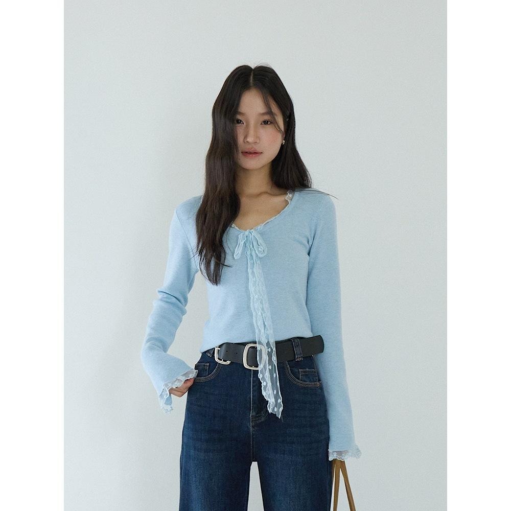 修身顯瘦 5%羊毛 蕾絲綁帶針織衫 彈力長袖打底上衣 *2色 | kukuta-細節圖8