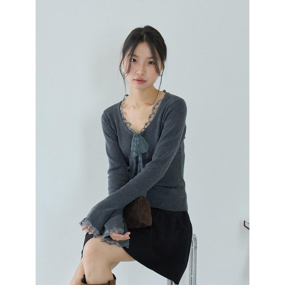 修身顯瘦 5%羊毛 蕾絲綁帶針織衫 彈力長袖打底上衣 *2色 | kukuta-細節圖9