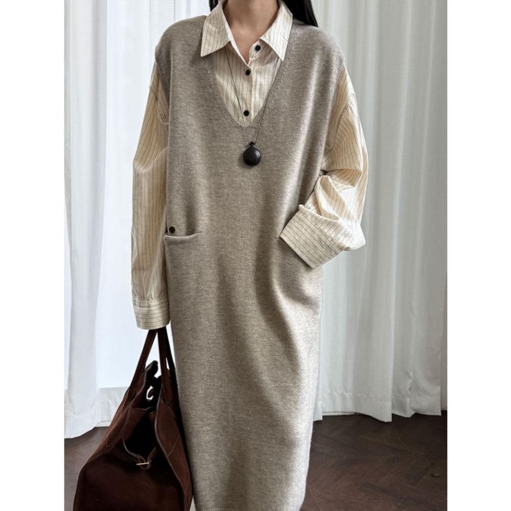 氣質休閒 後紐扣針織背心裙 寬鬆中長款口袋毛衣裙 *3色 | kukuta-細節圖4