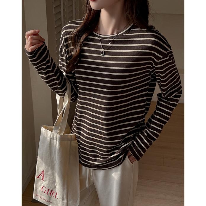 現+預 休閒百搭 條紋圓領長袖T恤 慵懶內搭顯瘦上衣 *3色 (S-XL) | kukuta-細節圖2