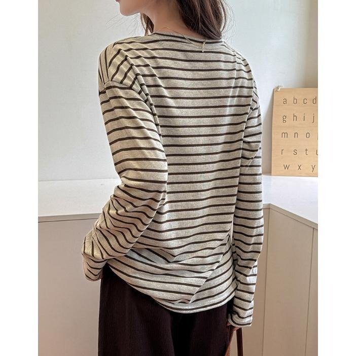 現+預 休閒百搭 條紋圓領長袖T恤 慵懶內搭顯瘦上衣 *3色 (S-XL) | kukuta-細節圖4