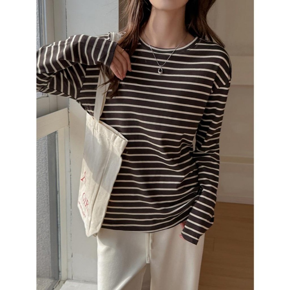 現+預 休閒百搭 條紋圓領長袖T恤 慵懶內搭顯瘦上衣 *3色 (S-XL) | kukuta-細節圖5